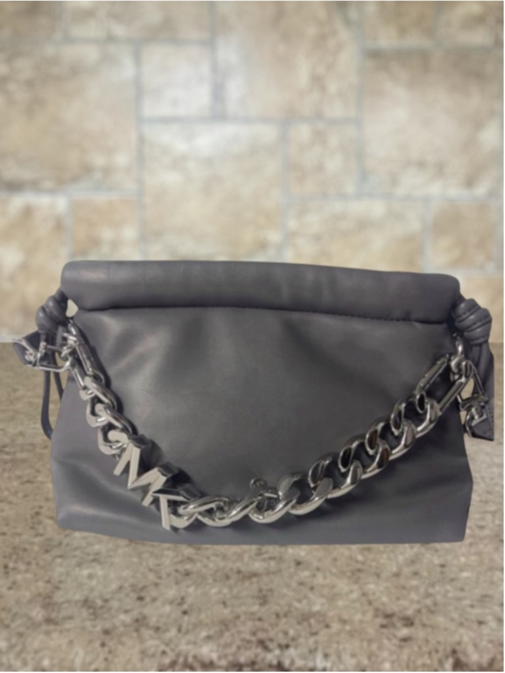 Michael Kors Lina XS Drawstring Crossbody Soft Plush Leather Heather Gray